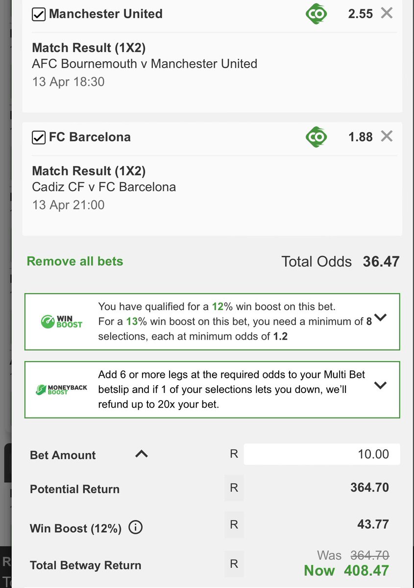 Slip 1 of 3

Please follow be I will follow back 

Code: U19F35C95 betway.co.za/bookabet/U19F3…
