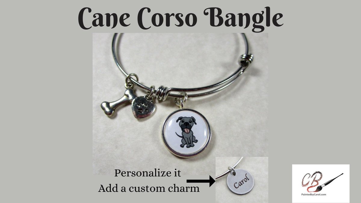 This is our handsome Cane Corso! This bangle ships from our Etsy shop the next business day. We have more than 80 breeds and hundreds of exclusive designs. #CaneCorso #Jewelry paintedbycarol.etsy.com/listing/149650…