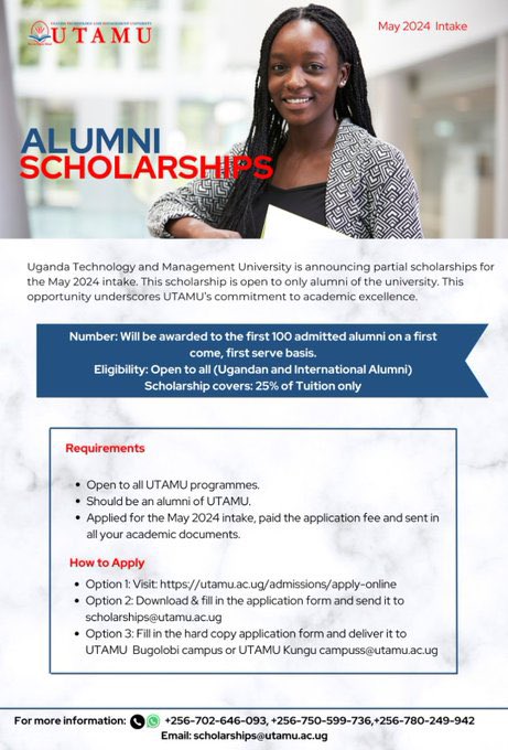 Ready to take your career to the next level? @utamu_uni is offering a 25% partial scholarship for returning graduates enrolling in the May 2024 intake. Don't miss out on this chance to invest in your ongoing success. Apply online today: utamu.ac.ug/admissions/app…