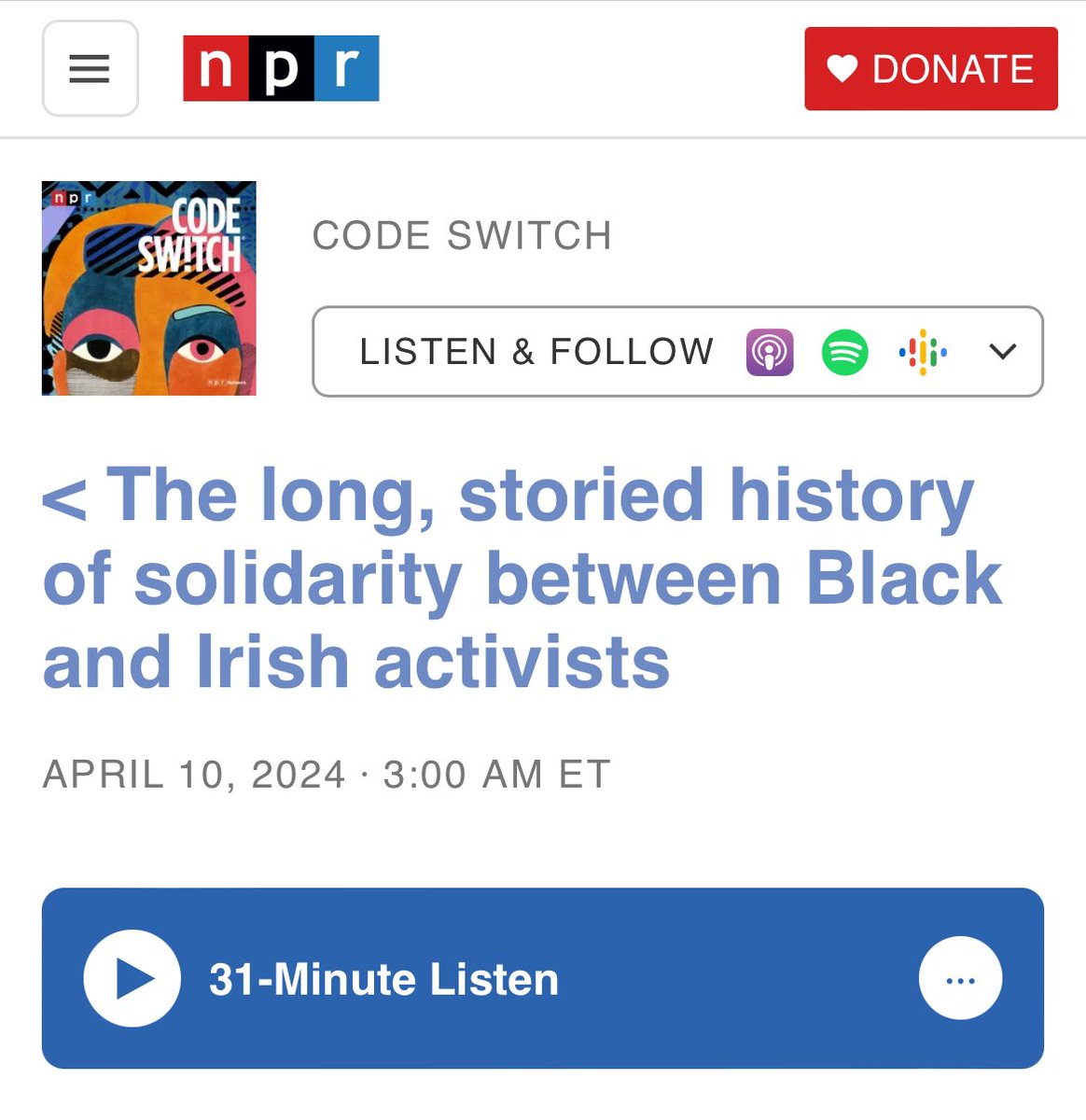 Thanks to @aparkusfarce & @GeeDee215 for featuring my book Black and Green on the @NPR podcast @NPRCodeSwitch Code Switch about the history of solidarity between Black American & Irish activists npr.org/transcripts/11…