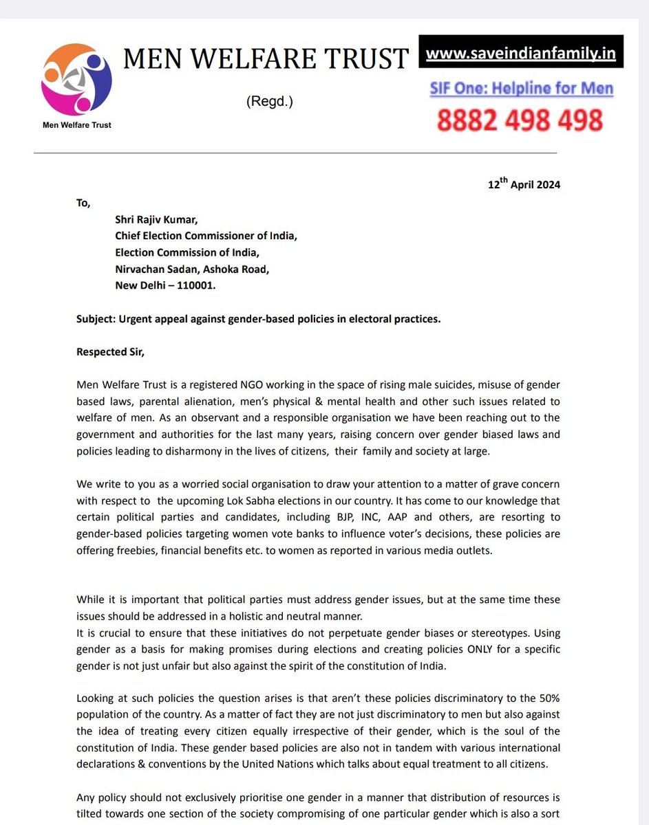 MenWelfare's tweet image. Men Welfare Trust writes to the Election Commission of India raising concerns over gender based, women centric policies being announced by political parties during the election season to attract the women vote bank in India.