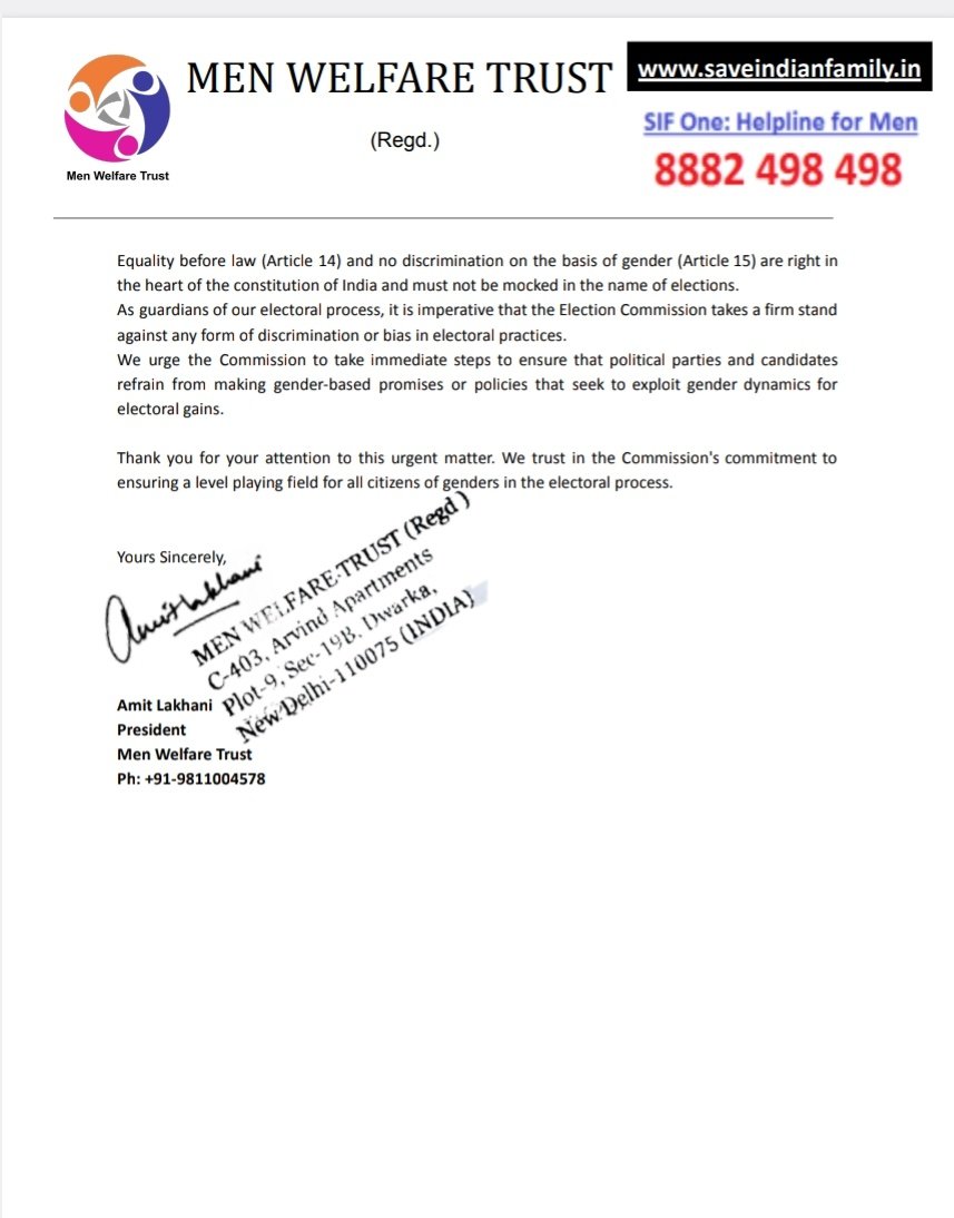 MenWelfare's tweet image. Men Welfare Trust writes to the Election Commission of India raising concerns over gender based, women centric policies being announced by political parties during the election season to attract the women vote bank in India.