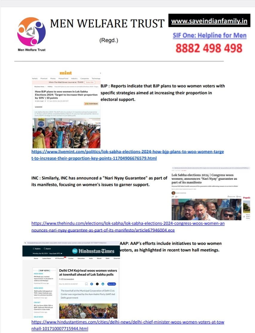MenWelfare's tweet image. Men Welfare Trust writes to the Election Commission of India raising concerns over gender based, women centric policies being announced by political parties during the election season to attract the women vote bank in India.
