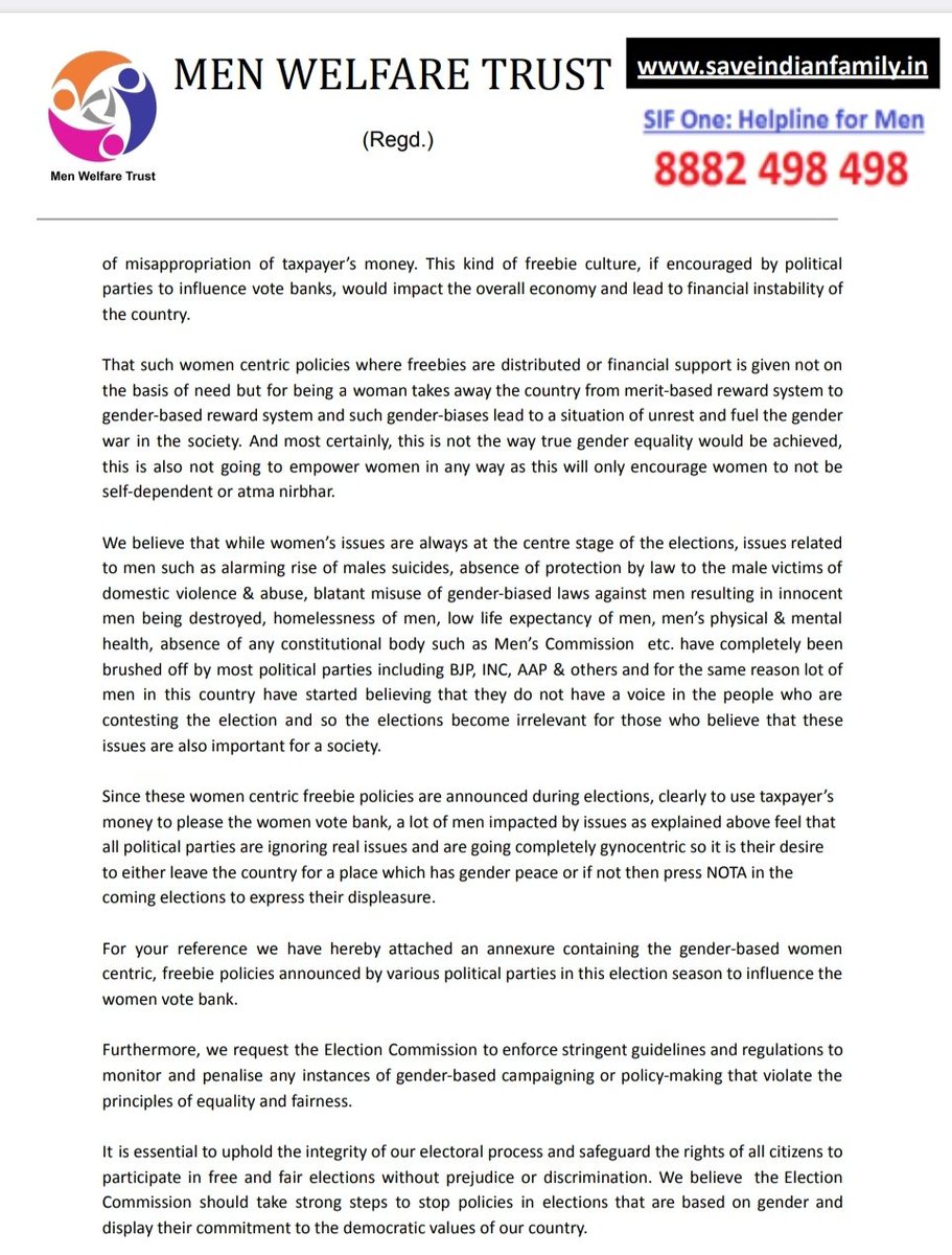 MenWelfare's tweet image. Men Welfare Trust writes to the Election Commission of India raising concerns over gender based, women centric policies being announced by political parties during the election season to attract the women vote bank in India.
