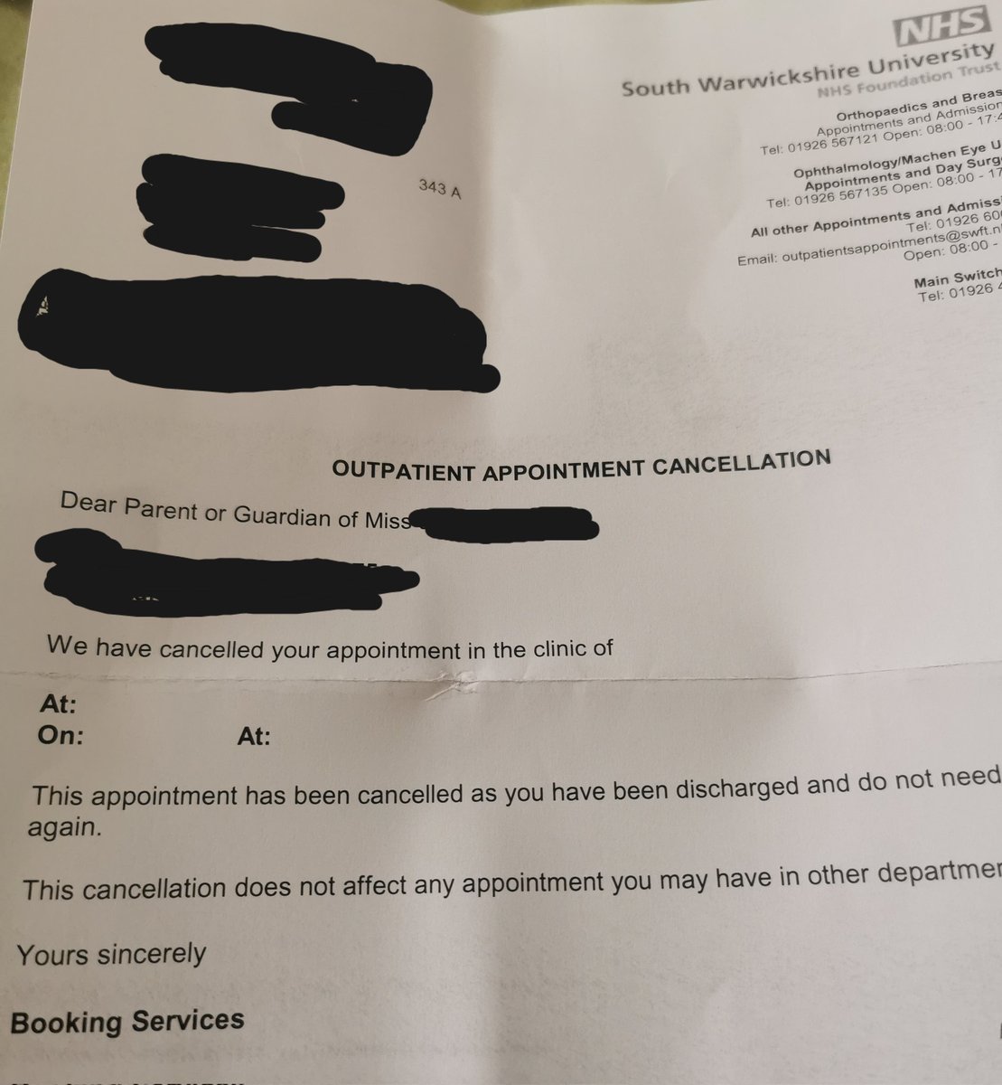 I've had a bit of a difficult time navigating the NHS. Today I received this. Erm. Glad to know it doesn't affect appointments in other departments to the blank department! 🙄