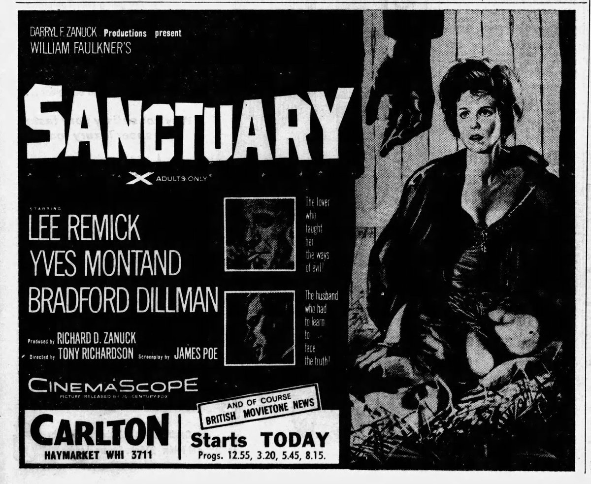 On this day, April 13th, 1961, Tony Richardson's SANCTUARY, starring Lee Remick & Yves Montand opened at the Carlton in London..