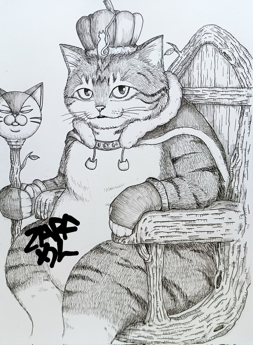 2連続で落書き投稿が続いてたので
しっかりカキカキ((φ(-ω-)ｶｷｶｷ
「猫の王」
#ボールペン画 
#アナログイラスト
#絵描きさんと繫がりたい 
#イラスト好きな人と繋がりたい
#猫好きさんと繋がりたい