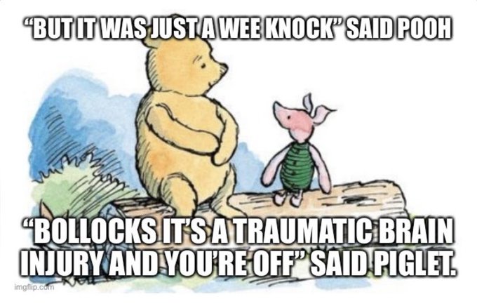 Strong reminder

When it comes to suspected concussion in community rugby, there's no such thing as an HIA

If you've got that feeling it might be a concussion - get them off the pitch & provide the appropriate care

When it comes to a suspected #concussion, listen to piglet ...