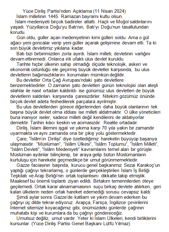 Yüce Diriliş Partisi’nden Açıklama (11 Nisan 2024)
 yucedirilis.org.tr