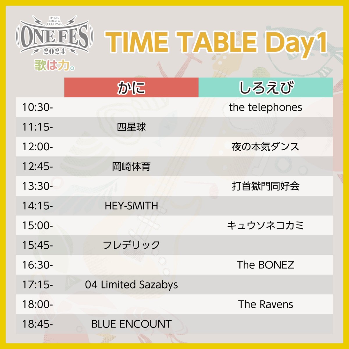 ONEFES_toyama's tweet image. 【タイムテーブル発表】
タイテ発表👏

1アーティスト35分♫
2日間、終演まで最高な時間しかありません！

テーマは「歌は力💪」

皆様のご来場を心よりお待ちしております！

開催日：5/3~4
場    所：海王丸パーク（富山県射水市）
OPEN 9:00~   START 10:30~

公式HPは↓
one-fes.com