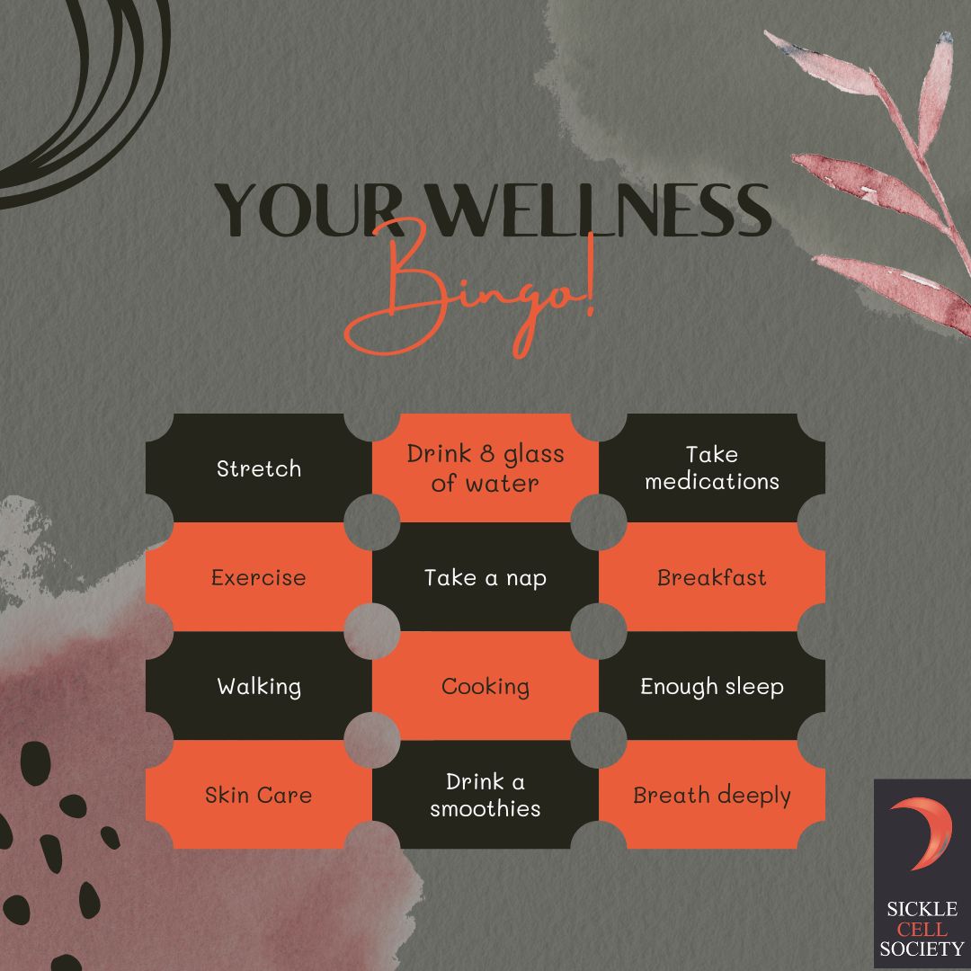 🌷 With spring on the horizon, let's prioritize our wellness! Here's a fun wellness bingo for the weekend. Challenge yourself to check off as many squares as you can. If you want more personalized Sickle Cell wellness tips, drop a comment below. 💫 #SickleCellAwareness