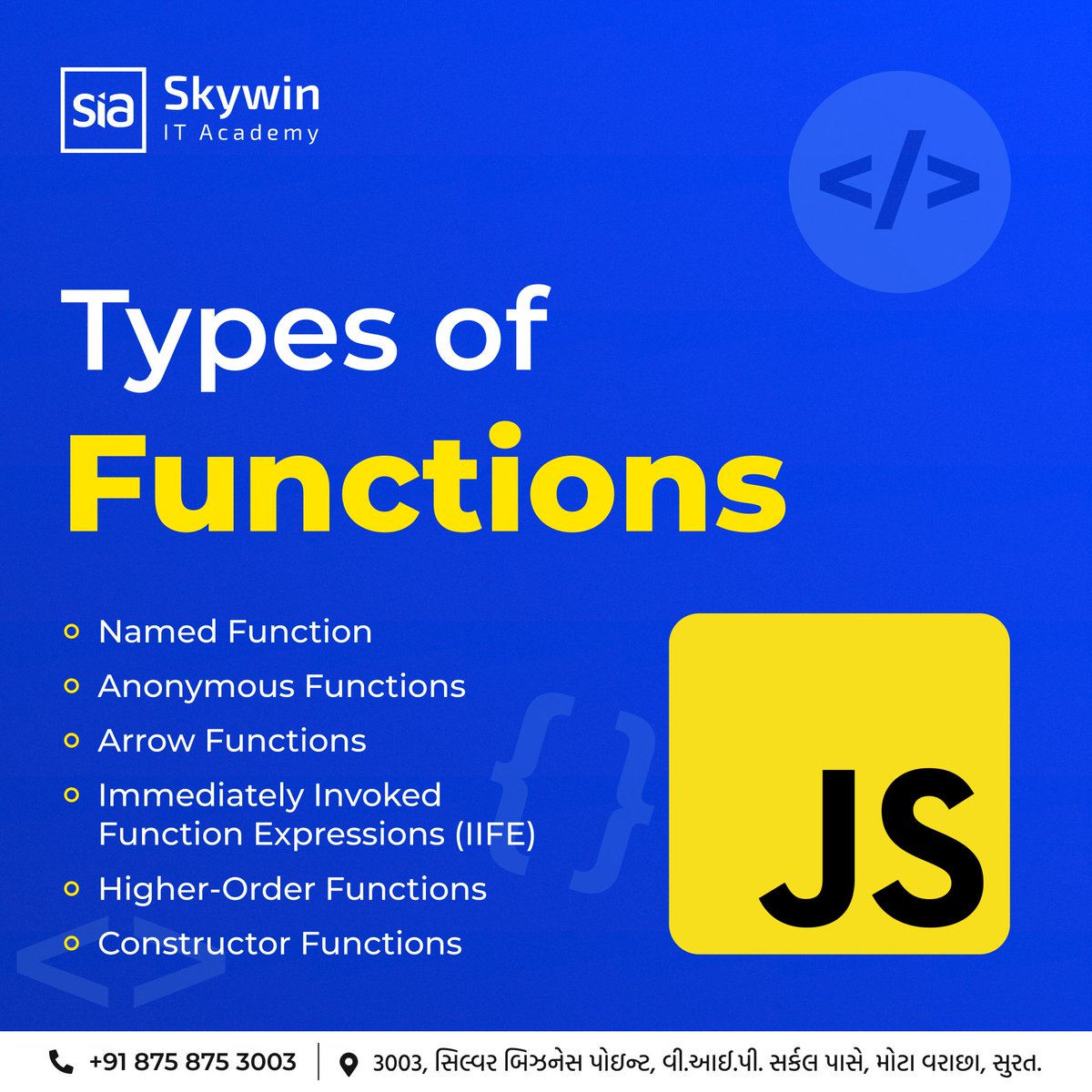 skywinitacademy's tweet image. Do you know the varieties of functions in JavaScript?

#javascriptfunction #skywinITacademy #itcourse #itacademy #itinstitute #surat