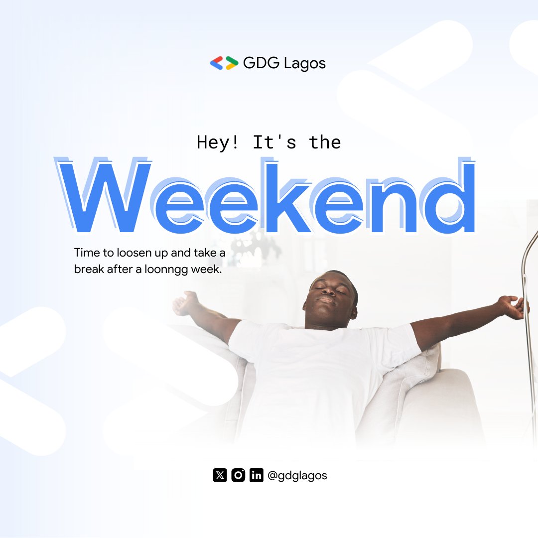 It's the weekend, GDG Lagos fam! 🥳🥳 Time to unwind and do the things that bring you joy. Whether it's catching up on code or exploring Lagos, we hope you make the most of your free time🤩 Let us know in the comments below what you're up to this weekend! We'd love to hear…