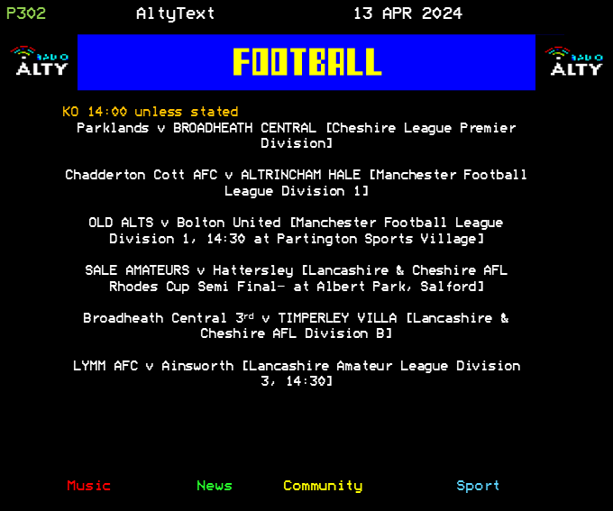 RadioAlty's tweet photo. #AltyText - Football. Here's today's fixtures for
@bcfc1922, @AltrinchamHale, @Old_Alts, @SaleAmateursFC, @TimperleyVilla and @LymmAFC. #RadioAltySport https://t.co/poxphFVpf4