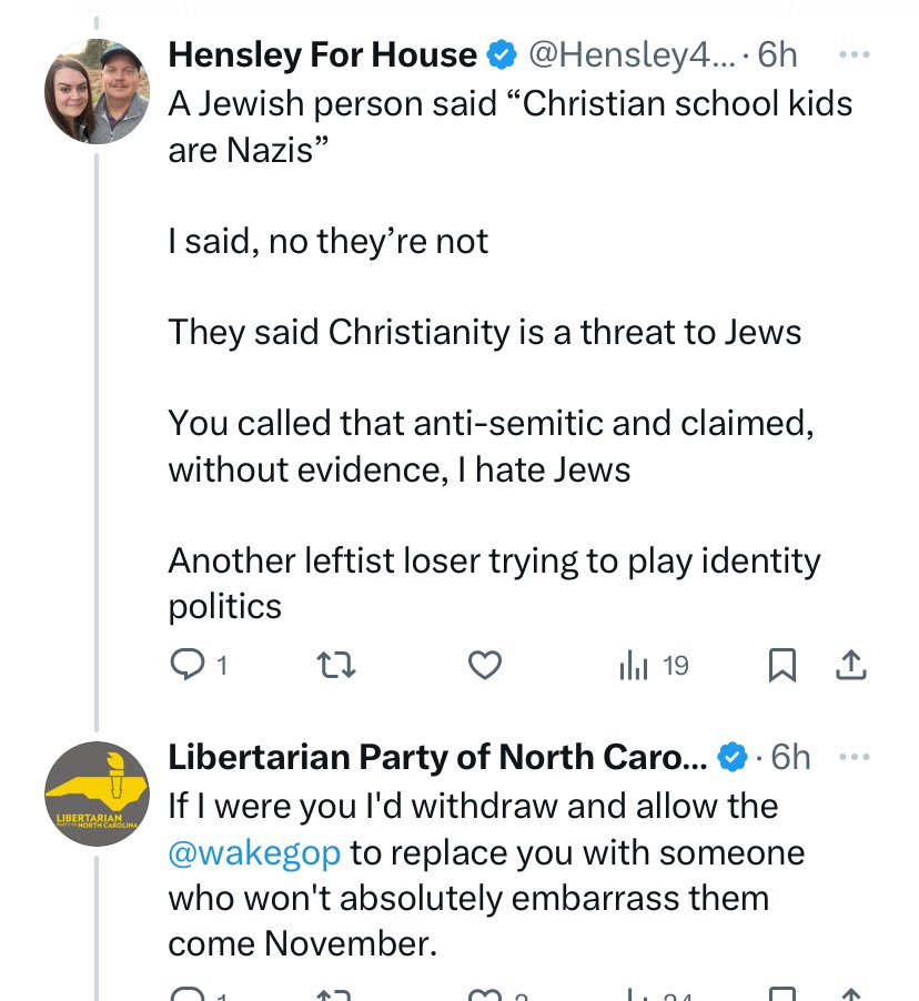 The Libertarian Party tries to explain to confused pathological liar @NCGOP @wakegop Phil Hensley that he’s #antisemitic. Their own candidate in the race already disavowed his antisemitism (and is a genuinely pleasant guy on @X - @Kordon4Liberty) 

#ncpol #ncga