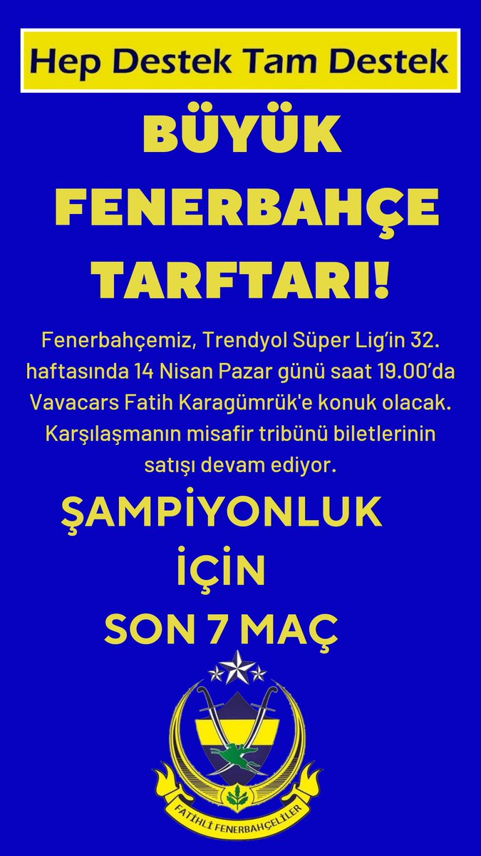 Fenerbahçemiz, Trendyol Süper Lig’in 32. haftasında 14 Nisan Pazar günü saat 19.00’da Vavacars Fatih Karagümrük'e konuk olacak. Karşılaşmanın misafir tribünü biletlerinin satışı devam ediyor. @Fenerbahce #FenerinMaçıVar #Fenerbahçe
