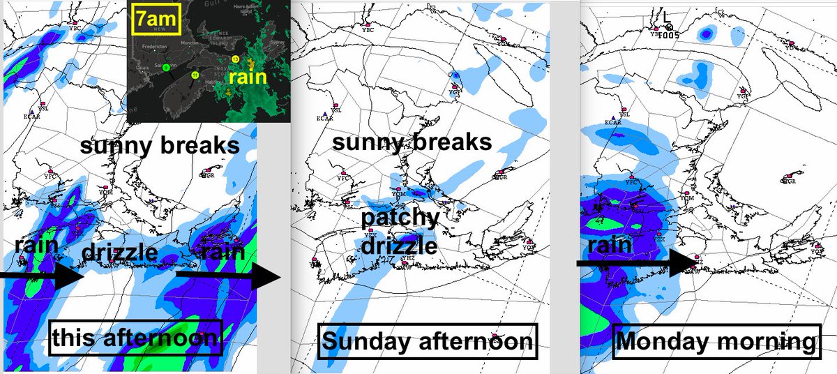 Rain & gusty S winds now moved over E NS leaving 26mm in my gauge. Nice sunny breaks in places. Another band rain from Maine moves into SW areas this aftn then crosses region tonight. Sunny breaks & just patchy light precip Sunday. One more rain blob Monday then a fine stretch.