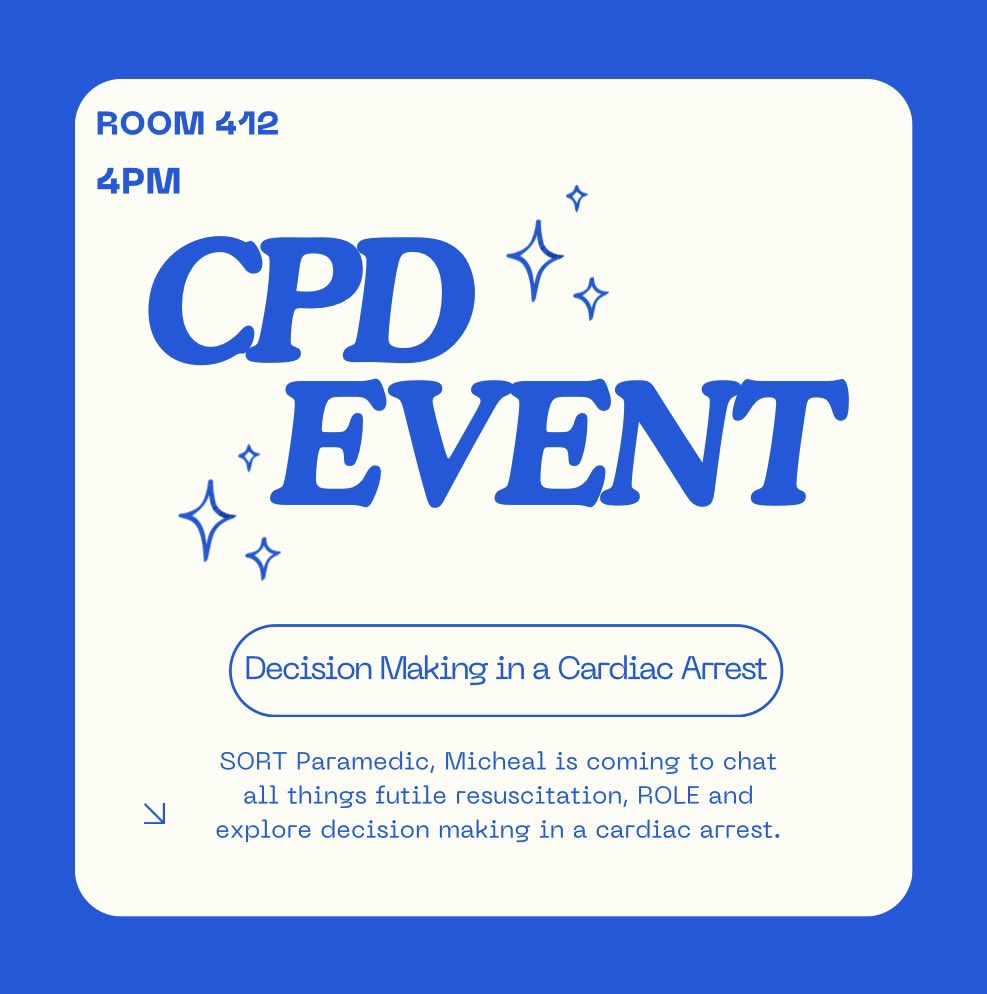 RGUParamedicSociety (@rguparasoc) on Twitter photo SORT Paramedic Micheal is coming in to talk to us about all things Decision Making in a Cardiac Arrest✨ discussions surrounding futile resuscitation, ROLE and exploring the complex decisions made during a cardiac arrest🚑
Details found on WhatsApp! 💬 SORT Paramedic Micheal is coming in to talk to us about all things Decision Making in a Cardiac Arrest✨ discussions surrounding futile resuscitation, ROLE and exploring the complex decisions made during a cardiac arrest🚑
Details found on WhatsApp! 💬
