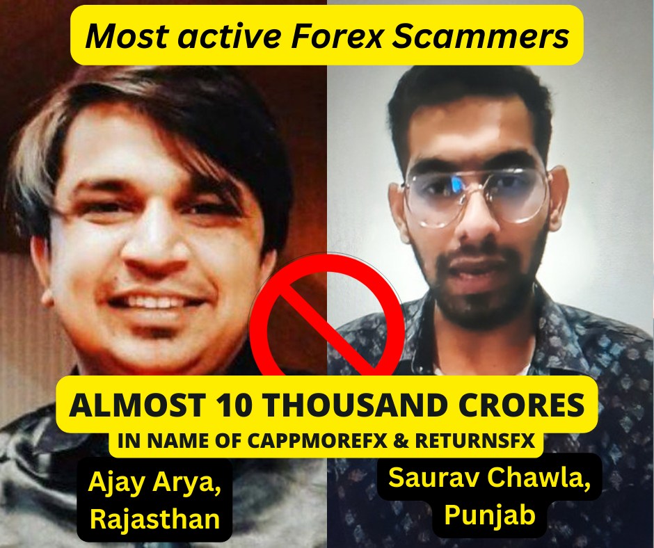 OhhooIndia's tweet photo. Forex scammers Ajay Arya &amp; Saurav Chawla looted 10K Crore in name of #CappmoreFxScam #ReturnsFxScam, fled to Dubai! 

For evidences visit https://t.co/oxZCiDDymS 

#forexscam @Cyberdost @IndiaWikifx @WikiFX_Eng @PMOIndia https://t.co/t9bGRpNnZT