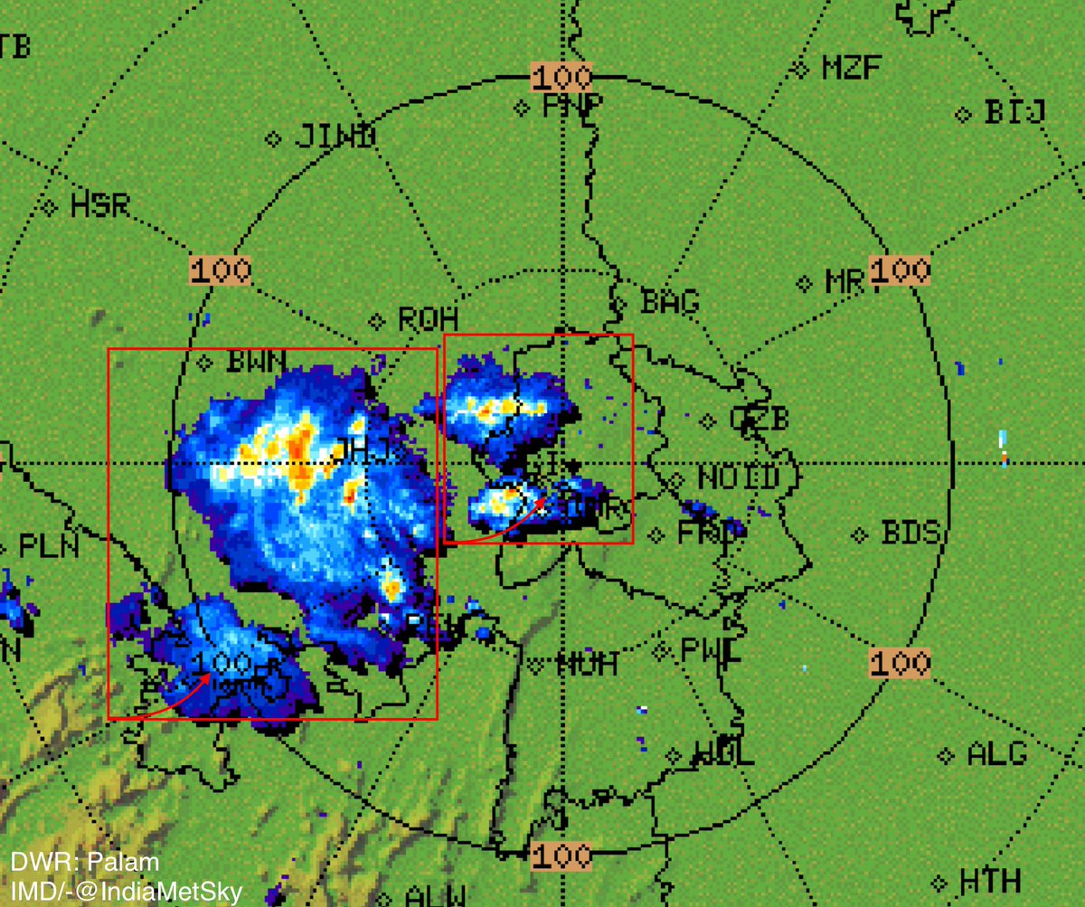 Nowcast-1
Isolated t-storm have formed over the parts of S #Haryana & NE Aravalli will bring a episode of light-mod rains with isolated #hailstorm followed by #Duststorm upto 30-60km/h & t-storms in #Gurgaon, #Jhajjar, SW #Delhi, #Rohtak & adj parts in next 3 hrs
#DelhiRains