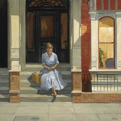 franch_laura's tweet photo. En la estela de Hopper está la pintora norteamericana Sally Storch. Otra gran narradora. Pinta a la gente común, sin sentimentalismos, en escenarios teatrales donde cada persona vive su propio cuento.

Nos toca inventar ese cuento, esa historia...

👇🏻 Abro hilo corto. https://t.co/BRPrNBxffj
