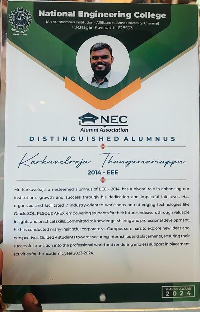 Congrats 👏👏👏Mr.Karkuvelraja Thangamariappan (2014 Batch ) received an Best Alumni Contributor Award (Distinguished Alumnus) in Alumni Global Meet 2024 at Dubai.
@NECKVP
#ThinkEEEthinkNEC #necplacement #NECAlumni #Nationalengineeringcollege #kovilpatti #tamilnadu #Placement2024