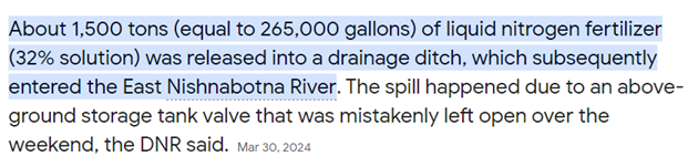 What ever happened with this accident that killed almost 1,000,000 fish? A valve was left open accidently on a Friday night and allowed to dump liquid nitrogen fertilizer in the river?