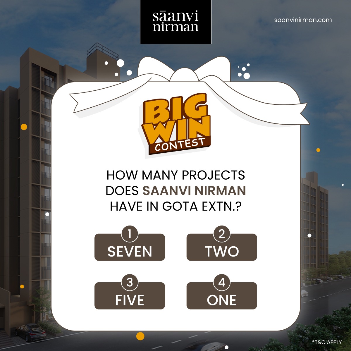 Guess and Win! Tell us the number of projects you think we have in Gota Extn. and name them to win an exciting prize! Check out our Instagram/Facebook for TnC. . . #SaanviNirman #SaanviNirmanHome #contestalert #contestalertindia #contestprep #contestahmedabad #contestgujarat