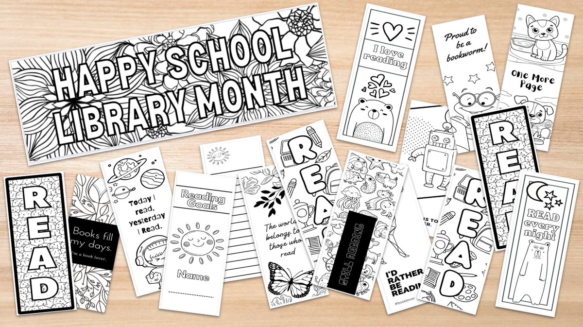 25 bookmarks for our readers to color as we celebrate School Library Month. 🎉🎉🎉

You will find the <a href="/canva/">Canva</a> and Google templates to copy and use here, friends. ❤️

Happy School Library Month.🖍️

buff.ly/3vQvqlr

#schoollibrarymonth #tlchat #futurereadylibs #edchat #STEM
