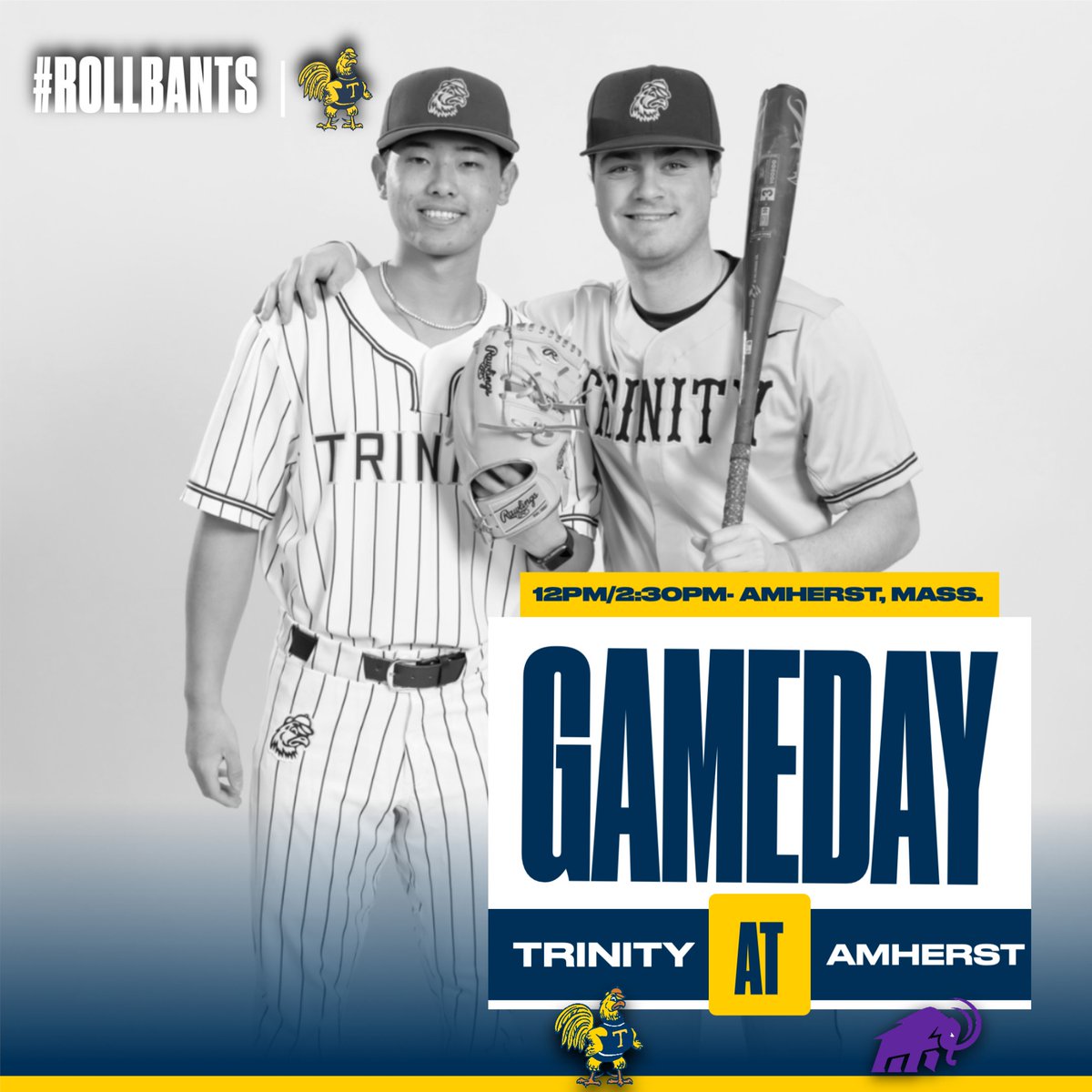 B⚾️| Trinity College Baseball is on the road against Amherst College for a NESCAC three-game series beginning with a double header this afternoon at 12PM #RollBants🐓 🆚 @AmherstMammoths 📍 Memorial Field ⏰ 12:00PM/ 2:30PM 📊 athletics.amherst.edu/sidearmstats/b… 📺 nsnsports.net/colleges/amher…