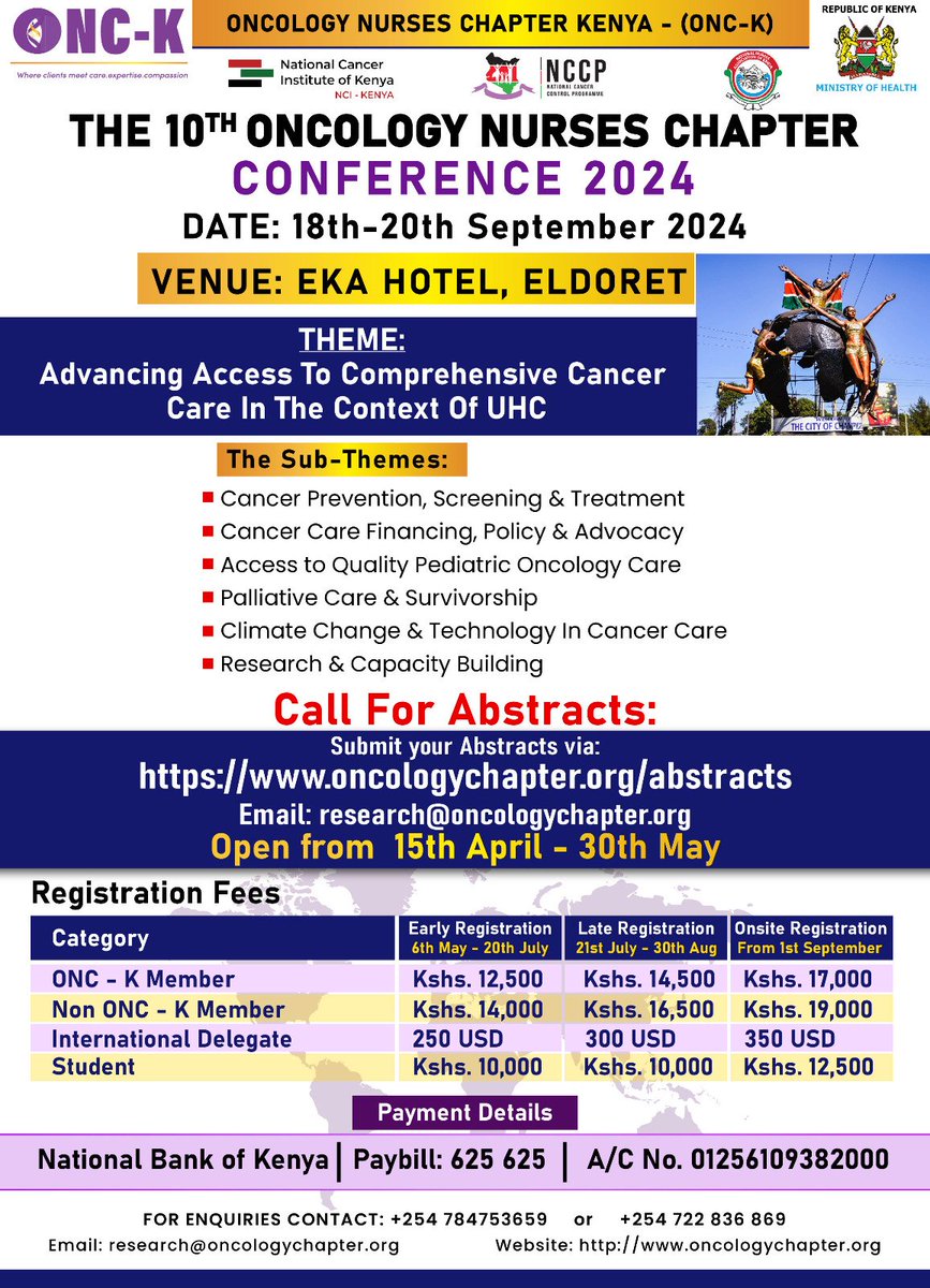 10TH ONCOLOGY NURSES CHAPTER CONFERENCE 2024 Call For Abstracts: Deadline May 30th 2024 to be considered. Showcase your expertise & share valuable insights with colleagues. Don't miss this opportunity! Submit now: oncologychapter.org/abstracts #OncologyNursesKE #CancerCare