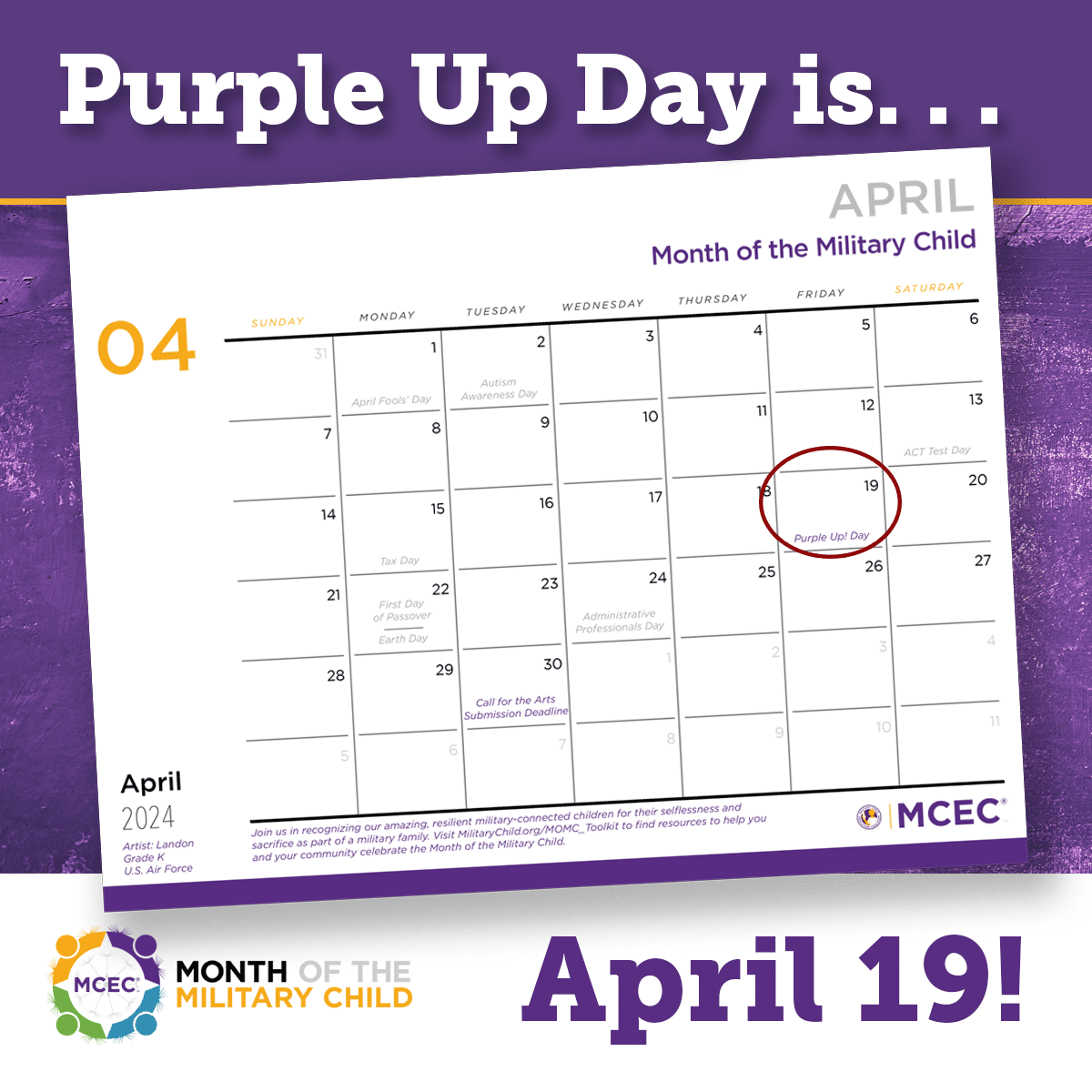 MilitaryChild's tweet photo. Mark your calendar! #PurpleUp with #MCEC on April 19! 💜 https://t.co/jfuP3kvhTj