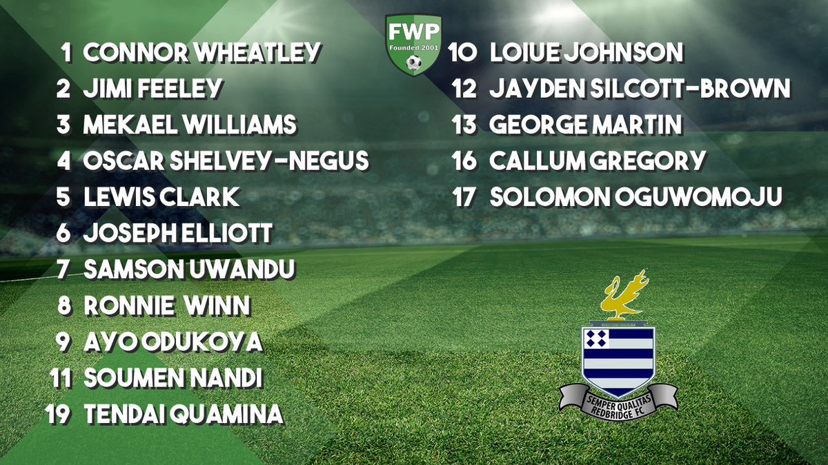 REDBRIDGE: Wheatley Feeley Williams Shelvey-Negus Clark Elliott Uwandu Winn Odukoya Nandi Quamina; SUBS: Johnson Silcott-Brown Martin Gregory Oguwomoju #IsthmianLeague fwp.co/gu9557