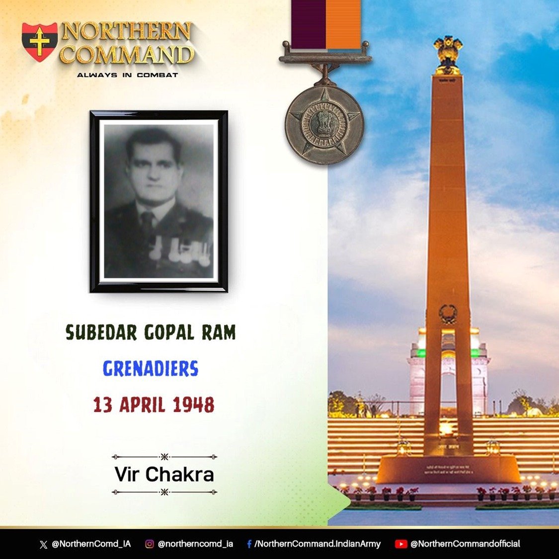 13 April 1948 #JammuAndKashmir Subedar Gopal Ram bravely engaged in a bayonet fight with the enemy to ensure safety of his men. He displayed raw courage & determination of the highest order. Awarded #VirChakra. #RememberAndNeverForget #LestWeForgetIndia Read more about the…