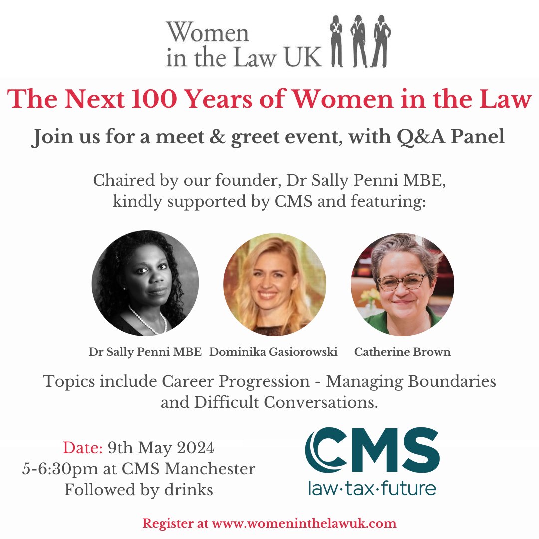 Celebrate The Next 100 Years of #WomeninLaw & join us at @CMS_law #Manchester on 9th May for our meet & greet event with Q&A panel. Topics include #CareerProgression & Difficult Conversations - book now: ow.ly/1QHn50QWER1
#WomenInTheLawUK #law #inspiringwomen #LawCareer
