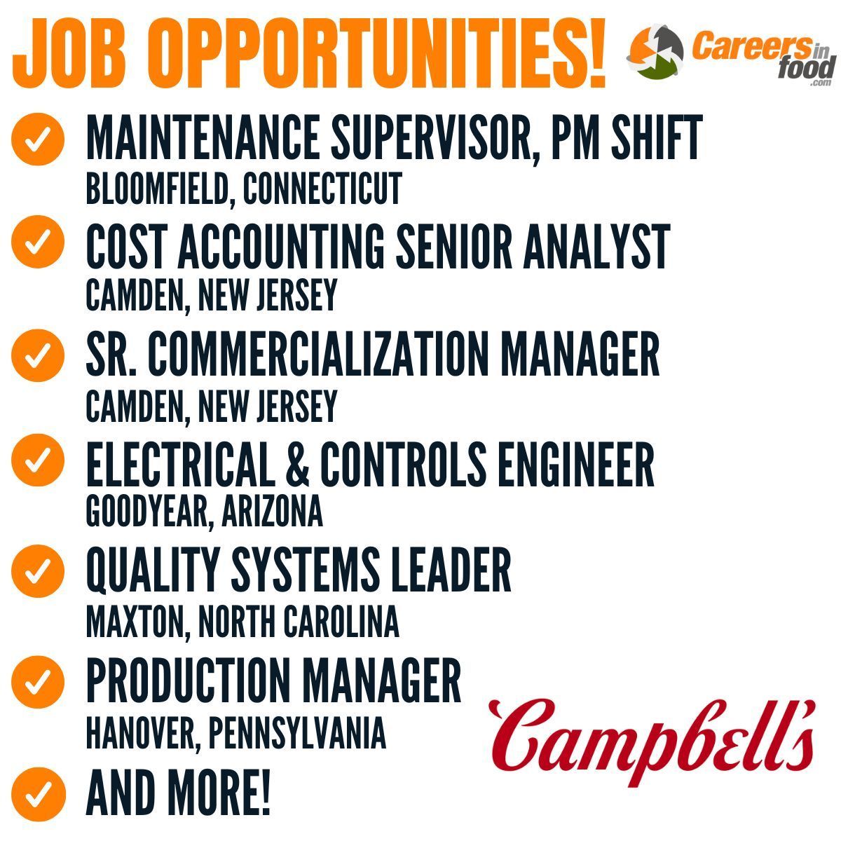 Explore job opportunities at @CampbellSoupCo today!

Join as an Electrical & Controls Engineer, Maintenance Supervisor, Quality Systems Leader, Sr. Commercialization Manager, and more.

Apply here: careersinfood.com/campbell-soup-…

#FoodJobs #Jobs #MarketingJobs #FoodManufacturing #Hiring