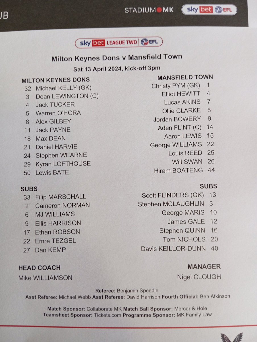 Here's the full team sheets for MK Dons' fixture against Mansfield Town #MKDons