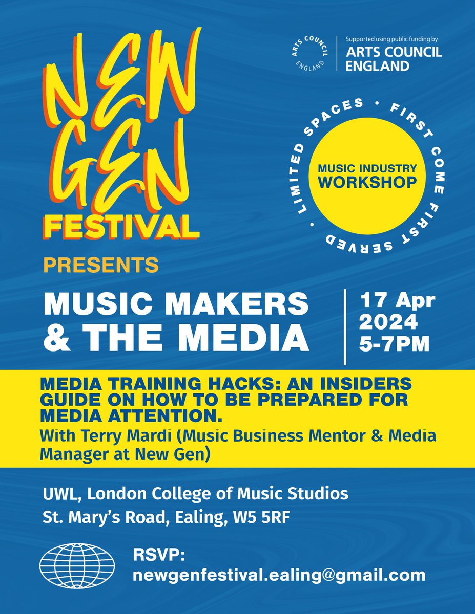 The New Gen Festival team is running a free workshop for young and early career artists to build media skills, on 17 April, at UWL, London College of Music, Ealing. @ace_national @newgen_fest Register your interest for these workshops by emailing newgenfestival.ealing@gmail.com