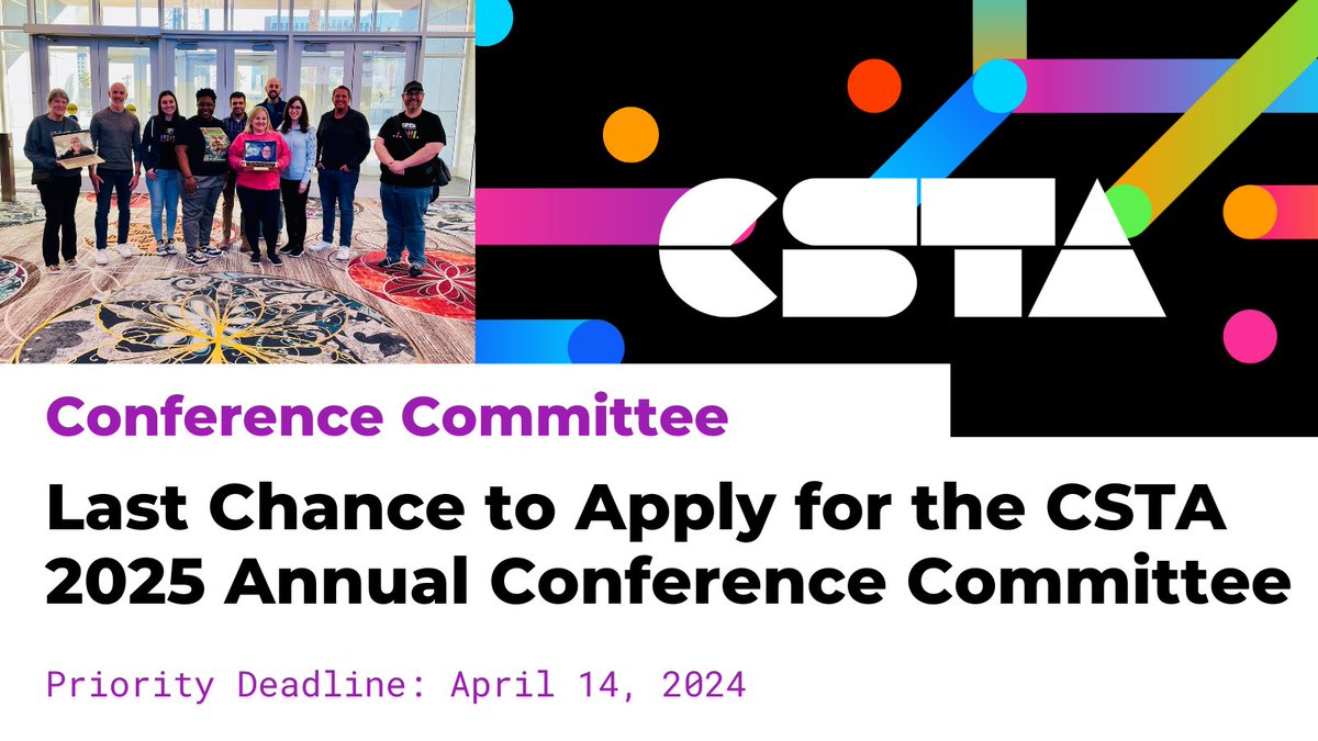 Don’t miss the chance to join in on the fun of conference planning! Apply now for the #CSTA2025 Conference Committee and help us make an incredible conference! Applications are due April 14. Learn more here: ow.ly/1lka50RaOgZ