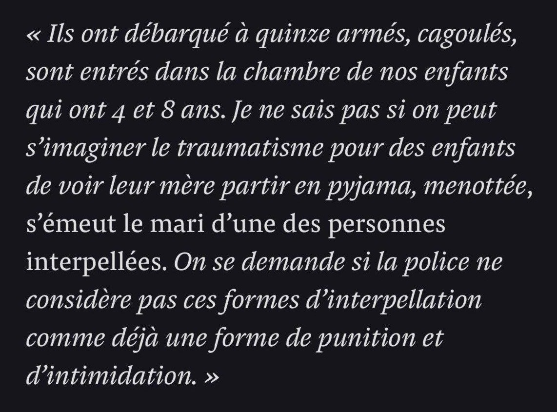 'Ils ont débarqué à quinze, armés, cagoulés, dans la chambre de nos enfants de 4 et 8 ans.' Les témoignages de personnes arrêtées par la police anti-terroriste le 08 avril laissent entendre la brutalité de l'opération et la volonté de terroriser. mediapart.fr/journal/ecolog… 1/6