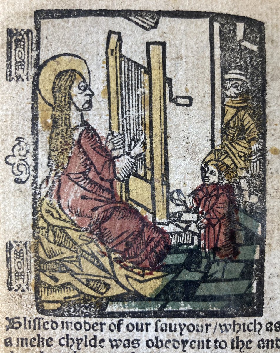 Love the immensely crudely coloured #woodcuts in this copy of ‘The rosarye of our lady in englysshe, with many goodly petycions dyrect to her’ (probably printed in Antwerp by Willem Vorsterman c. 1525). The cuts are just a couple of inches tall. @theULSpecColl SSS.20.13(2).