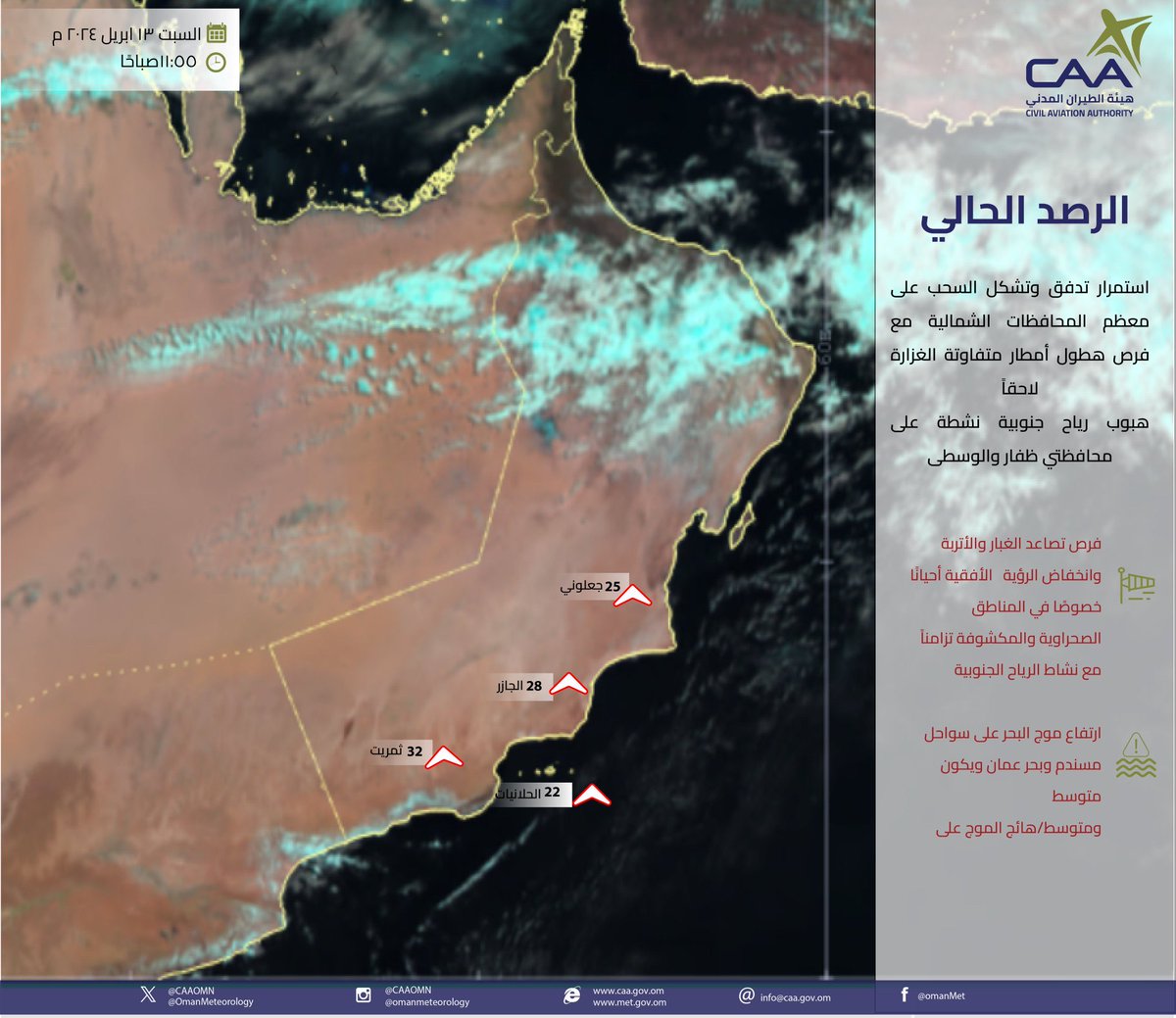 11:55 صباحاً  
 تدفق وتحرك السحب   على المحافظات الشماليةمع فرص هطول أمطار متفاوتة الغزارة لاحقاً
#منخفض_المطير