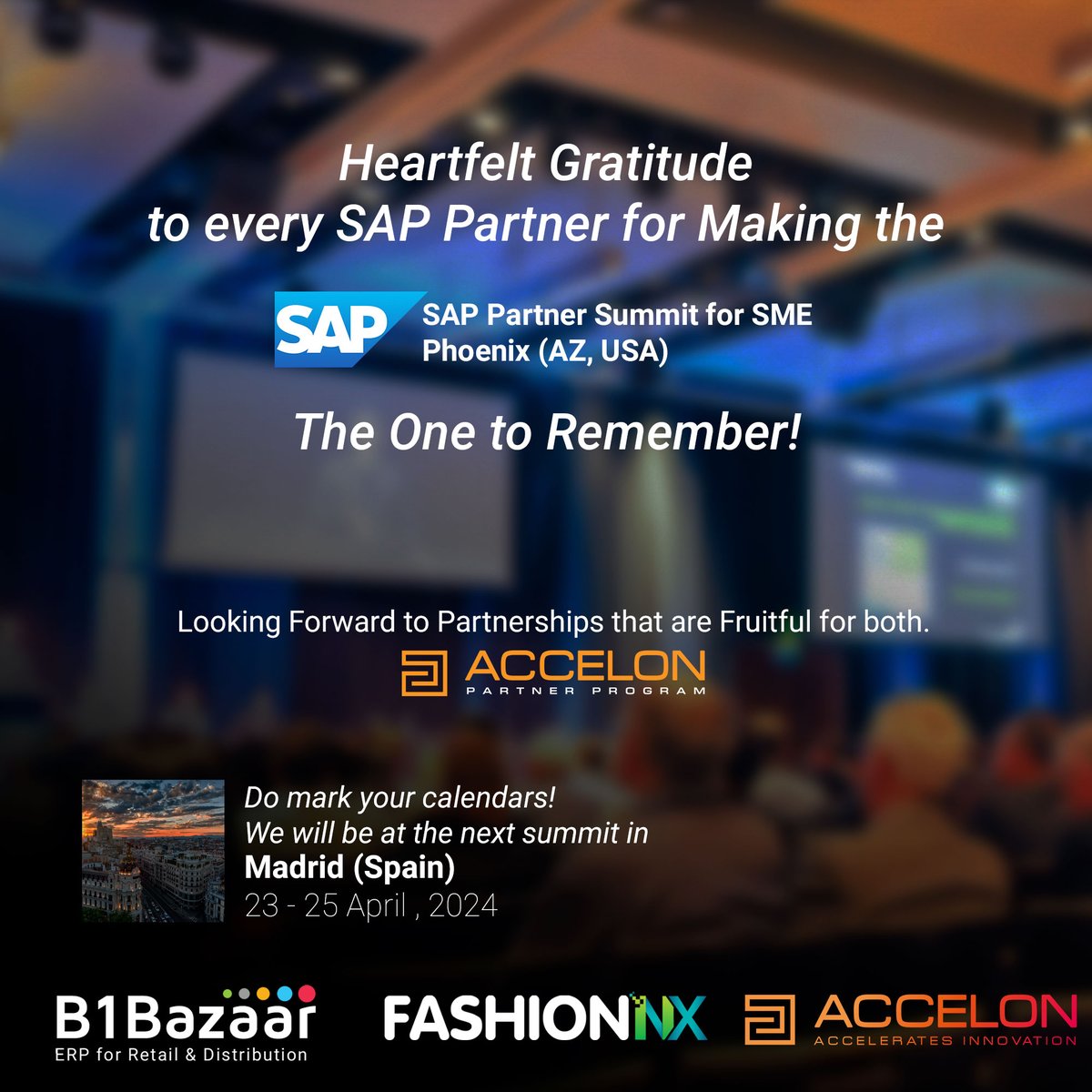 A Big Thank You to all the SAP Partners that attended the SAP Partner Summit for SME, Arizona

We look forward to forging wonderful partnerships and embarking on transformational journeys with you
#SAPPartnerSummit #SAP #ERP #PartnerSuccess #SAPCommunity #SAPB1 #SAPBusinessOne