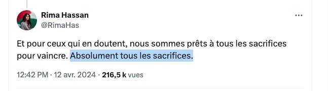 Dire 2 fois sacrifices en le soulignant de 'Absolument' Je me demande si les terroristes islamiques qui ont perpétués les attentats du #Bataclan #CharlieHebdo, ,supermarché casher ont pensé pareil ? Péter une ceinture explosive,attentats suicides sont aussi DES SACRIFICES