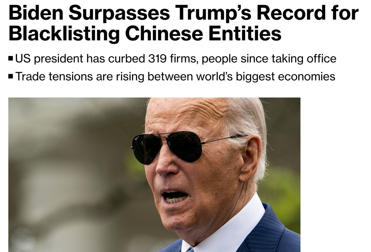 Biden Surpasses Trump’s Record for Blacklisting Chinese Entities Dubious achievement! #China #techwar #chips #tech #innovation @baoshaoshan @thecyrusjanssen @DOualaalou @lajohnstondr @davidpgoldman @PSTAsiatech bloomberg.com/news/articles/…