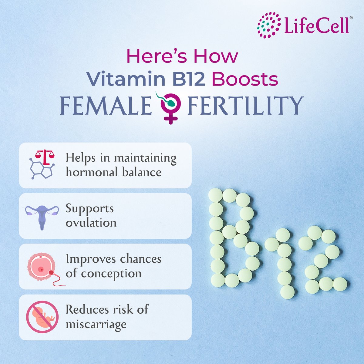 Vitamin B12 deficiency can affect #femalefertility. It plays a crucial role in supporting ovulation, maintaining #hormonalbalance, and preventing #pregnancy complications. So, it's essential to recognise the power of this #vitamin on your fertility journey.