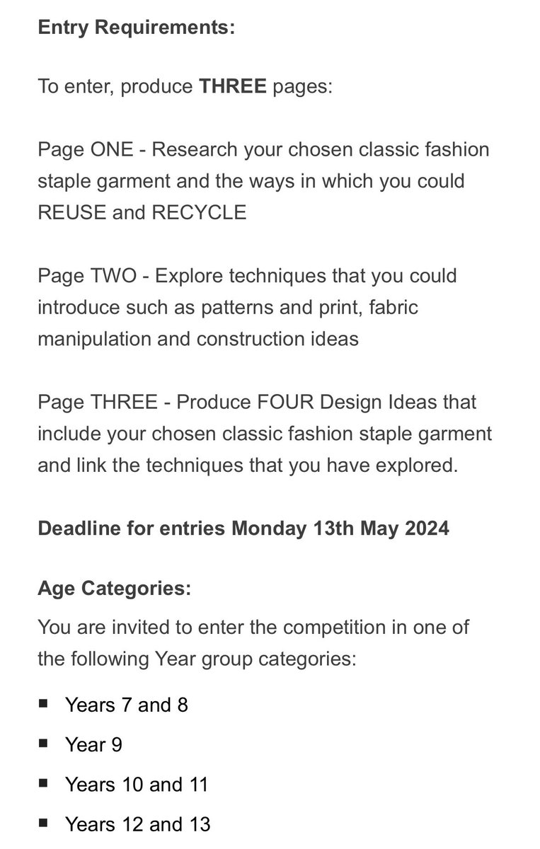 TCA_DT's tweet photo. There’s still time to enter the Young Fashion Designer UK’s competition ✂️ 🧵 🪡 👗 🩳 speak to Mrs Williams for more info https://t.co/O5lwecGRZ8