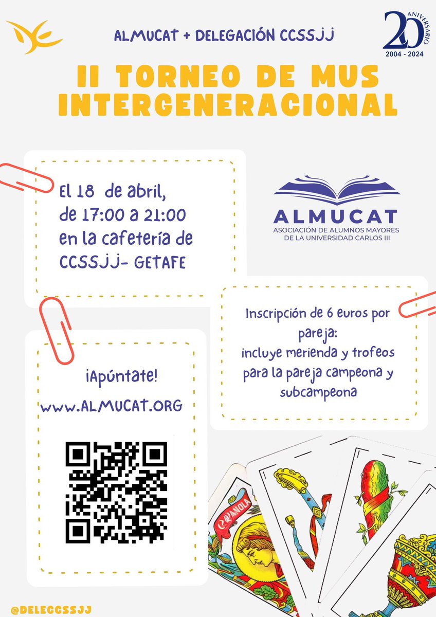 ¡Prepárate para el II Torneo de Mus Intergeneracional!🃏 Organizado por @DeleCCSSJJ y ALMUCAT, se celebra el 18 de abril. 🏆Merienda incluida y trofeos para las parejas campeona y subcampeona. ✍️Inscripciones: forms.gle/SK2LKnPDVwYLA1… ¡Anímate a participar! 🙌