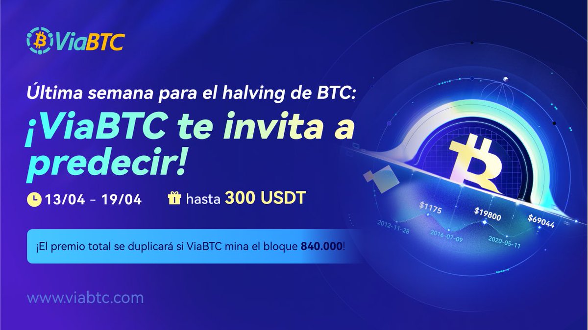 🚀 ¡Última semana! ¡Te invitamos a predecir la fecha y el preio de #BitcoinHalving ! 🎉 🎁 300 USDT ⏰13/04-19/04 🌟SORPRESA: Si el bloque 840.000 es minado por ViaBTC, ¡el premio total se duplicará! 🌟 🔖Solo sigue estos pasos: 1. Dale Like y retuitea este post. 2. Menciona…