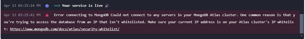 NikhilChar14138's tweet photo. @maybe_riya Facing connection issues with MongoDB Atlas during deployment. Despite whitelisting my current IP address, still encountering 'could not connect' errors. Seeking advice on which IP address to whitelist for successful deployment. Any suggestions appreciated! #DeploymentHelp https://t.co/GPZru7Lo1Y